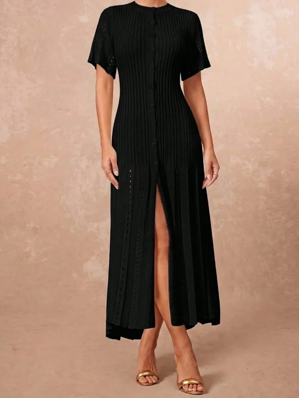 Black Elegant Women's Button Knit Short Sleeve Fishtail Skirt